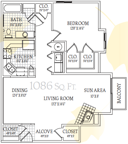 Floor plan for 1 bed, 1 bath, 1086 sqft